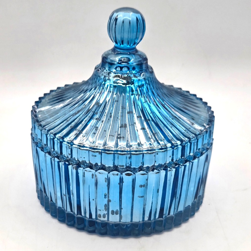 Blue Mercury Glass Sawtooth Lidded Jar Candy/Trinket Bowl